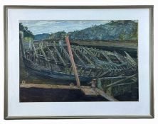 ‡ PHILIP MUIRDEN watercolour - a boatyard with a boat under construction, signed, 52 x 74cm
