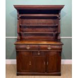 FRENCH CANADIAN FRUITWOOD DRESSER, possibly cherry, cornice above boarded plate rack, two frieze