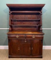 FRENCH CANADIAN FRUITWOOD DRESSER, possibly cherry, cornice above boarded plate rack, two frieze