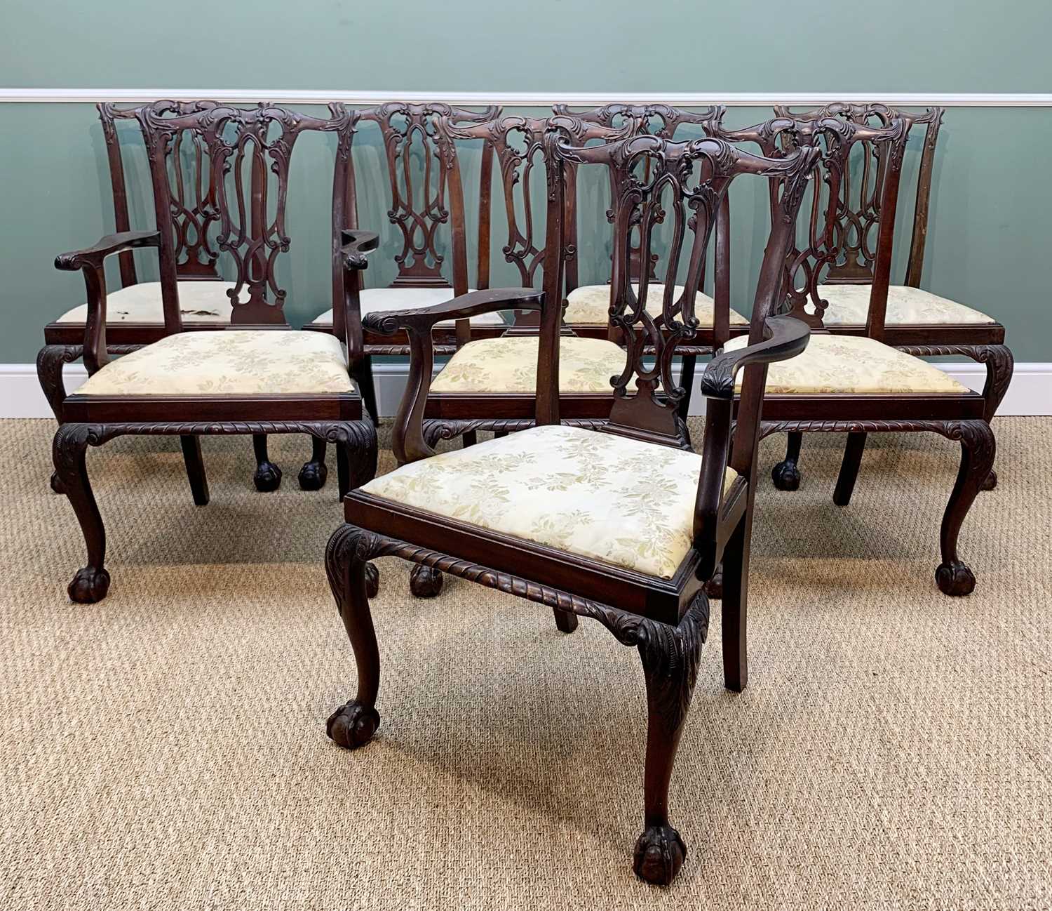 HARLEQUIN SET OF TWELVE DINING CHAIRS early 20th C. comprising eight Chippendale style mahogany - Image 2 of 10