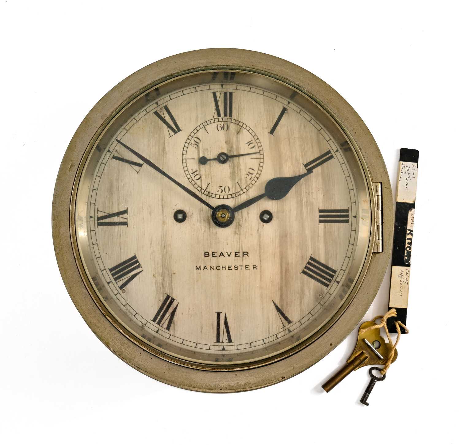 SHIP'S BULKHEAD CLOCK, the dial marked 'Beaver Manchester' with subsidiary seconds dial, two train