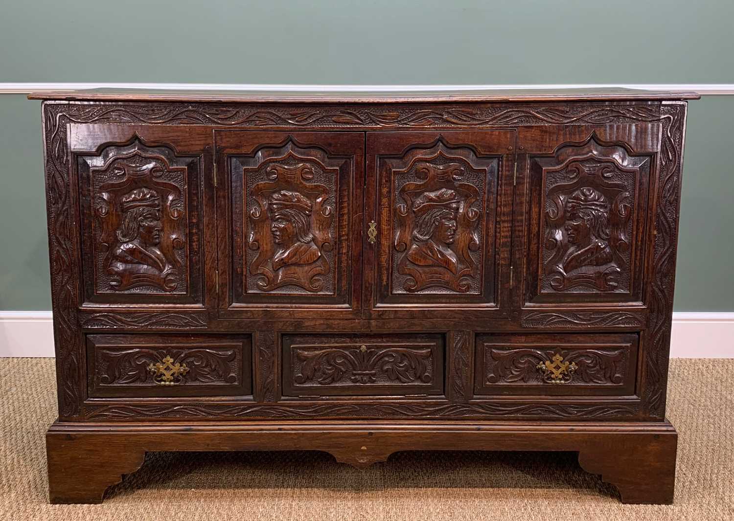 ANTIQUE JOINED OAK MULE CHEST, later carved in the Romanesque-style and converted to cupboard with - Image 3 of 10