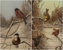 ‡ GWLADYS M. JAMES oil on glass - birds on branches in winter, signed and dated 19.11.14, 55 x 19cms