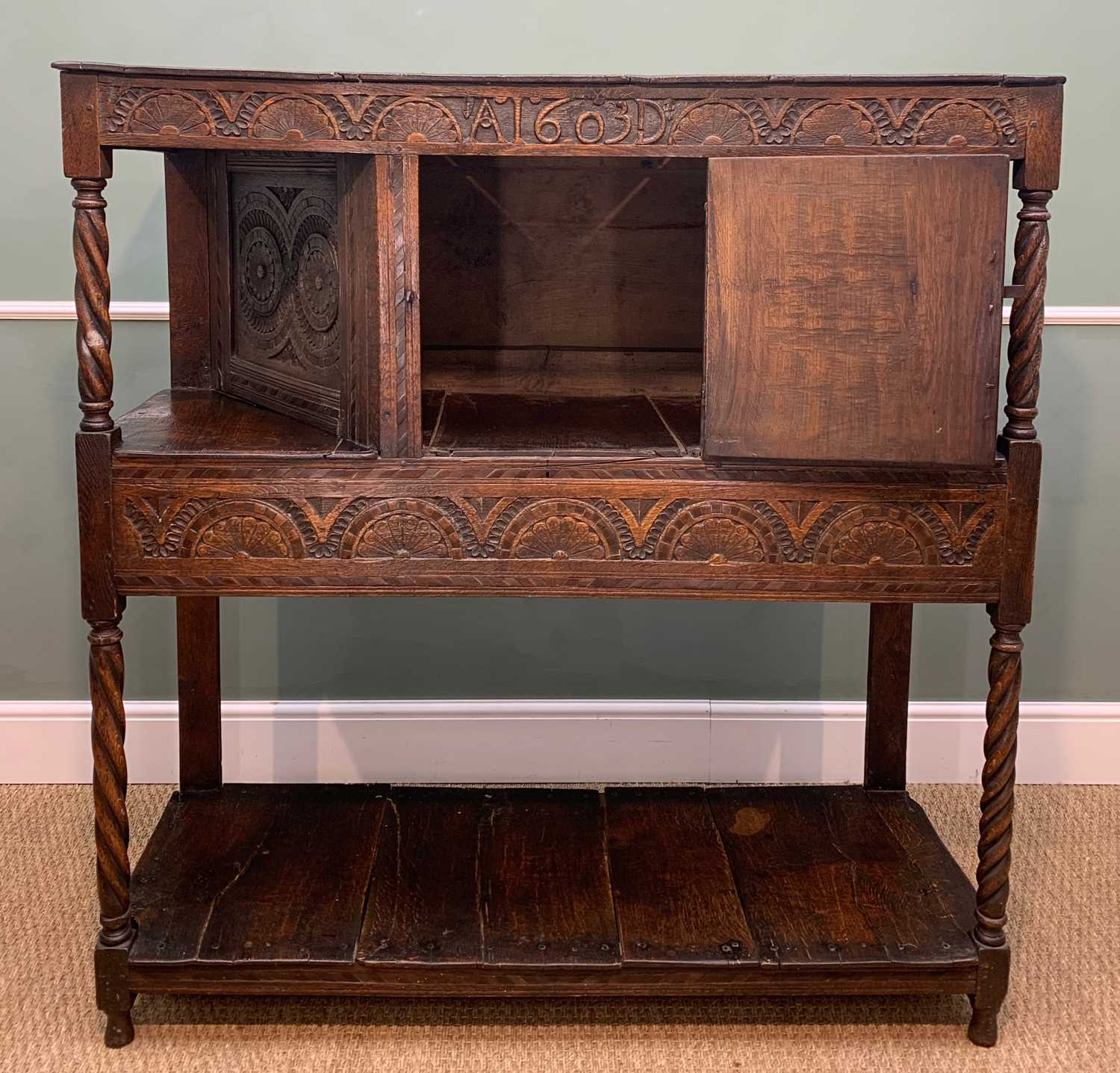 JACOBEAN STYLE CARVED OAK COURT CUPBOARD, lunette, palm and fruiting vine carving, barbers pole - Image 2 of 5