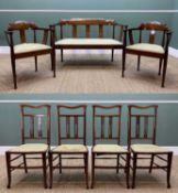 EDWARDIAN THREE-PIECE SALON SUITE, stained beech, parquetry and inlaid, settee 83h x 123w x 53cms d,