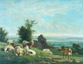 VICTOR-EMILE CARTIER (French, 1811-1866) oil on panel - sheep & goat resting in landscape at dusk,