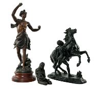 THREE SCULPTURES, comprising black patinated spelter Marley horse, 42cms h, patinated spelter figure
