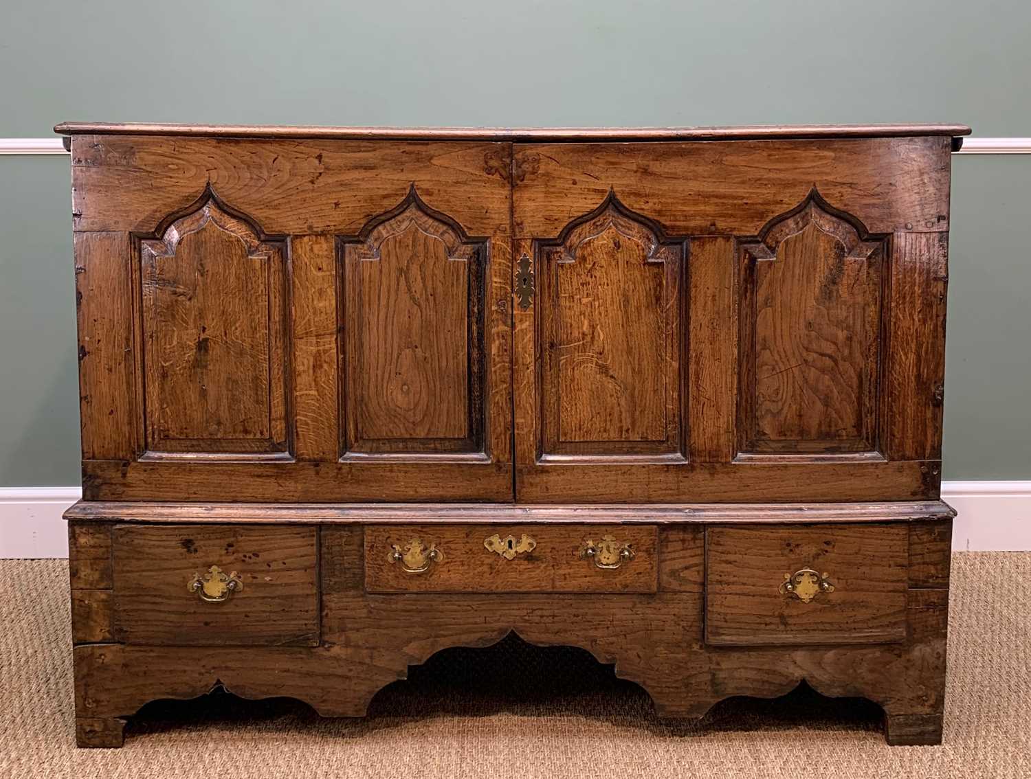 18TH C. WELSH JOINT OAK MULE CHEST, altered to a cupboard with fixed top, interior shelf and apron - Image 4 of 8