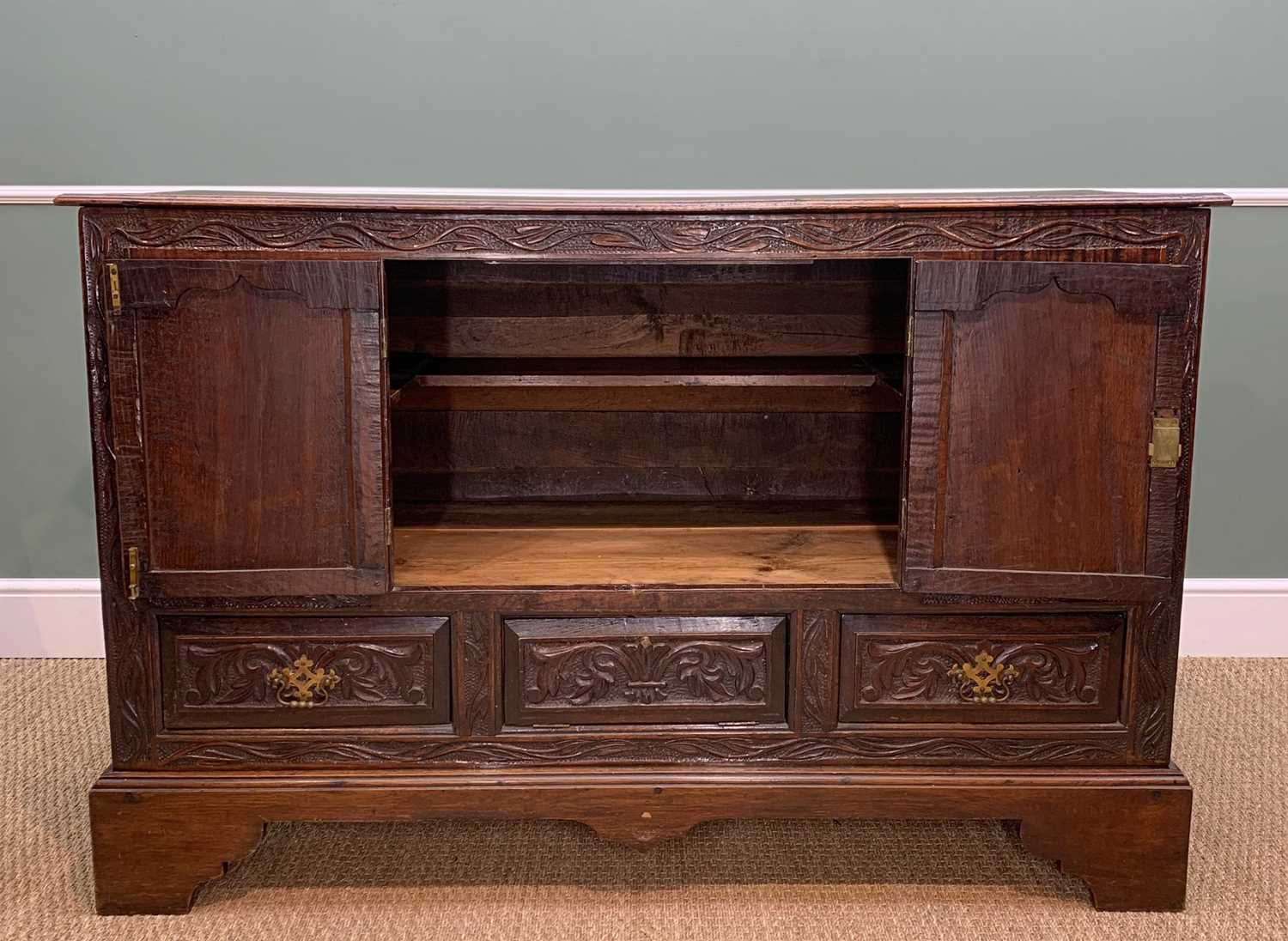 ANTIQUE JOINED OAK MULE CHEST, later carved in the Romanesque-style and converted to cupboard with - Image 2 of 10