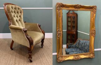 VICTORIAN WALNUT BALLOON BACK ARMCHAIR & GILT MIRROR, mirror with bevelled glass, distressed gilt