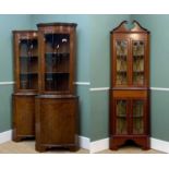 TWO REPRODUCTION MAHOGANY CORNER CABINETS, 181h x 67w x 47cms d, together with an EDWARDIAN MAHOGANY