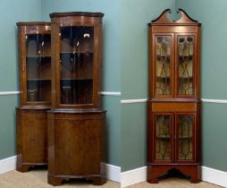TWO REPRODUCTION MAHOGANY CORNER CABINETS, 181h x 67w x 47cms d, together with an EDWARDIAN MAHOGANY