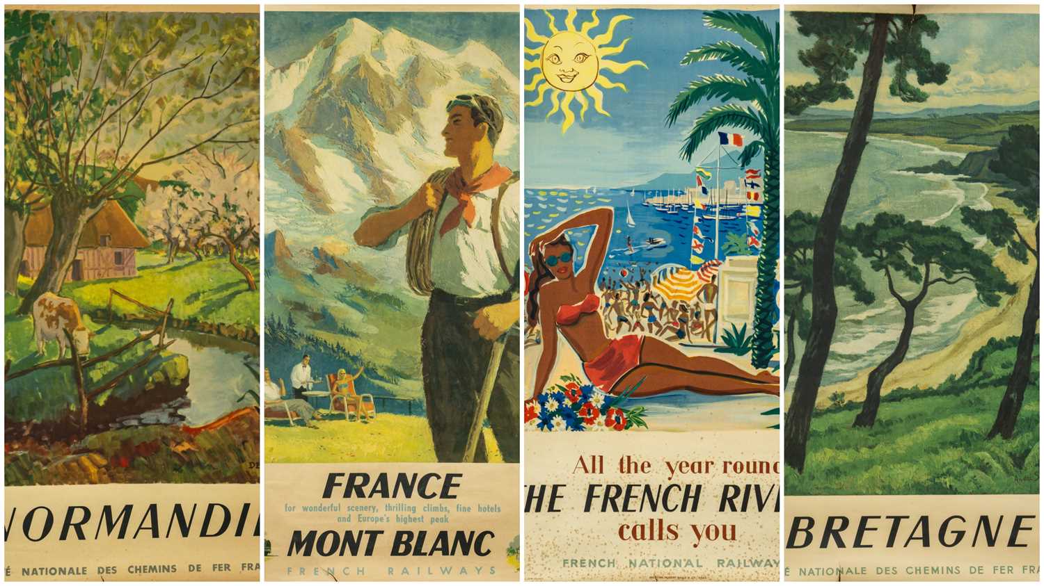 FOUR VINTAGE FRENCH RAILWAY POSTERS, colour lithographs, comprising Herve Baille 'The French