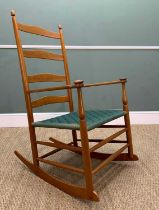 SHAKER STYLE LADDERBACK ROCKING CHAIR, green woven seat, underarm stamped G A. Carlson 2002, 108h