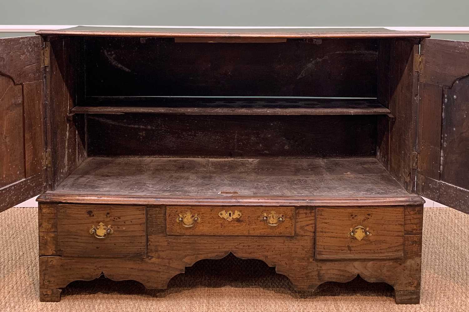 18TH C. WELSH JOINT OAK MULE CHEST, altered to a cupboard with fixed top, interior shelf and apron - Image 3 of 8