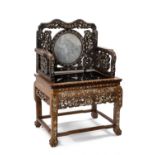 CHINESE HARDWOOD & MOTHER OF PEARL INLAID ARMCHAIR, grey veined marble inset back flanked by pierced