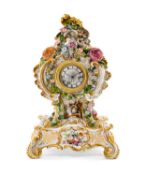 19TH C. JACOB PETIT PORCELAIN CLOCK & STAND, floral encrusted rococo form, on foliate painted