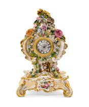 19TH C. JACOB PETIT PORCELAIN CLOCK & STAND, floral encrusted rococo form, on foliate painted