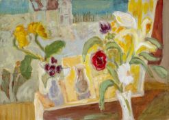 ‡ JUDITH ROSENTHAL, oil on canvas - View From Window, still life of flowers and jugs, signed, titled