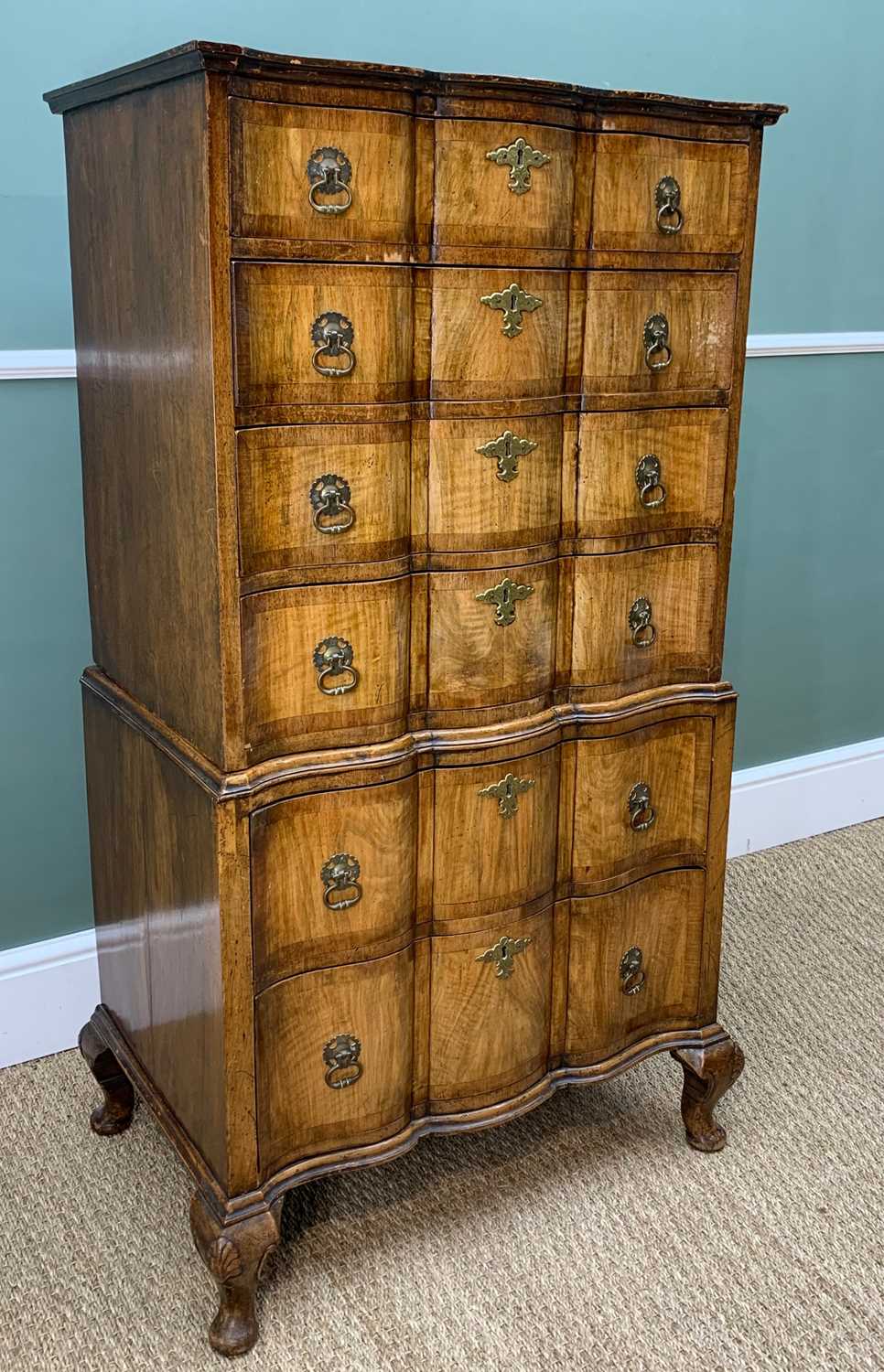 QUEEN ANNE STYLE WALNUT CHEST ON CHEST, of small proportions, arc en arbalette front, six drawers, - Image 2 of 8