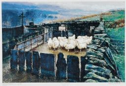 ‡ KEITH BOWEN limited edition (6/75) print - entitled, 'Yn y Gorlan / Penned Sheep', signed and