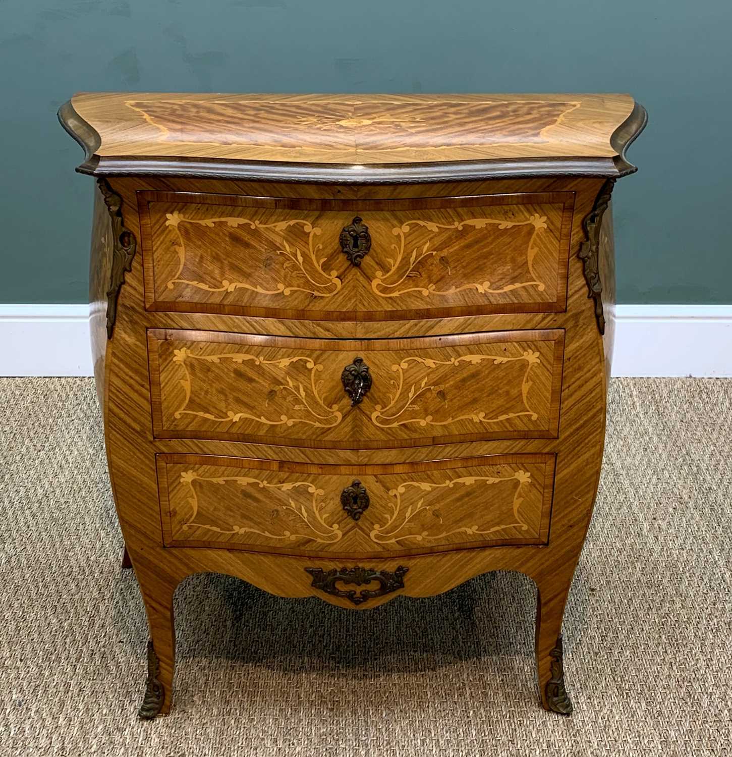 MODERN REPRODUCTION ITALIAN MARQUETRY BOMBE COMMODE, 78h x 82w x 43cms d, together with a - Image 2 of 5