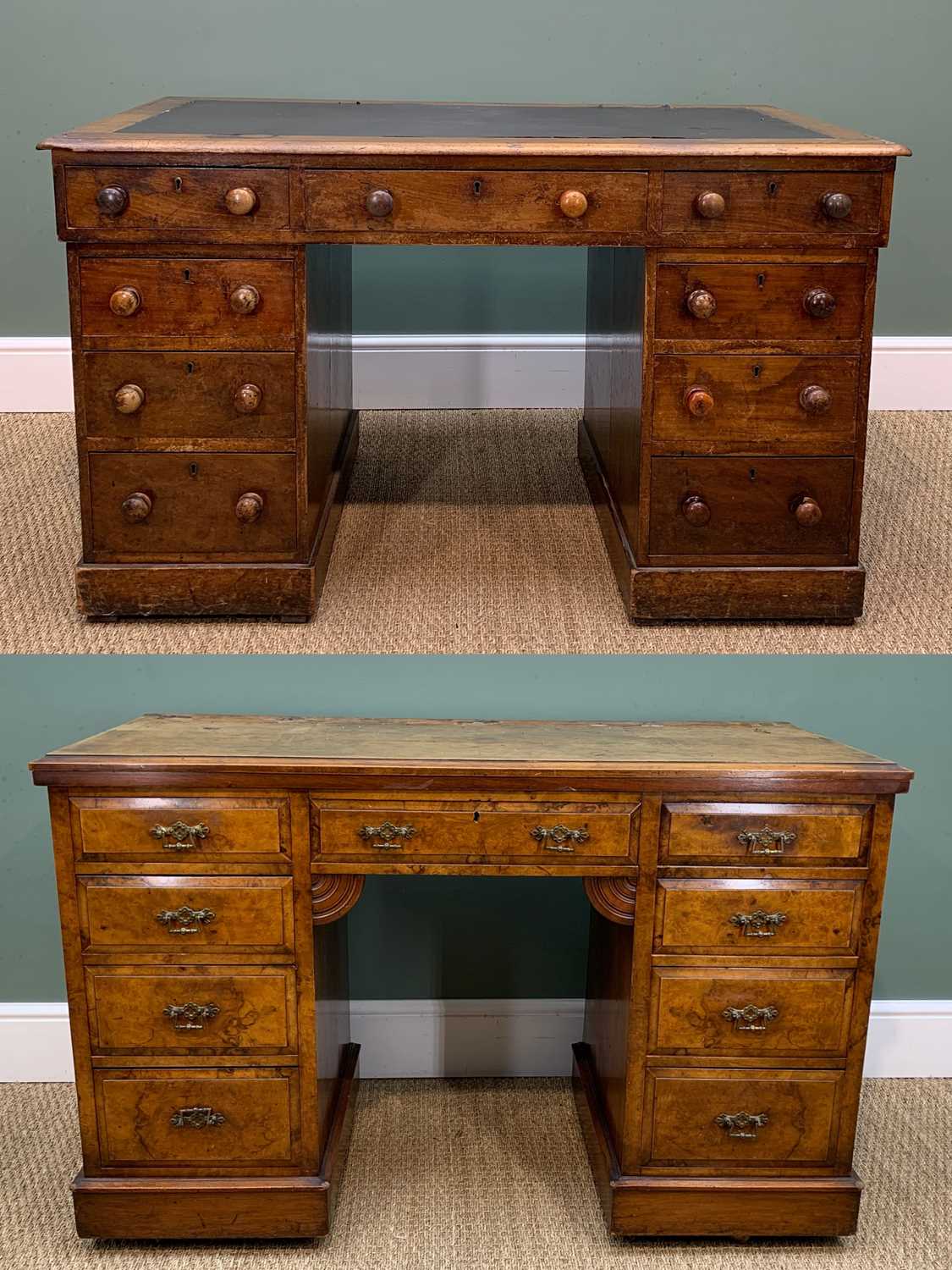 BURR WALNUT PEDESTAL DESK & ANOTHER, walnut desk c. 1890, 78h x 121w x 53cms d, other with inset