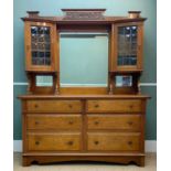 ARTS & CRAFTS STYLE MIRROR-BACK BUFFET, central mirror flanked by two lead glazed cupboards, above