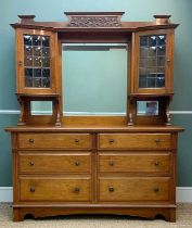 ARTS & CRAFTS STYLE MIRROR-BACK BUFFET, central mirror flanked by two lead glazed cupboards, above