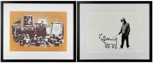 ‡ BANKSY two reproduction prints / facsimiles - entitled 'Morons' and 'Choose your Weapon', both