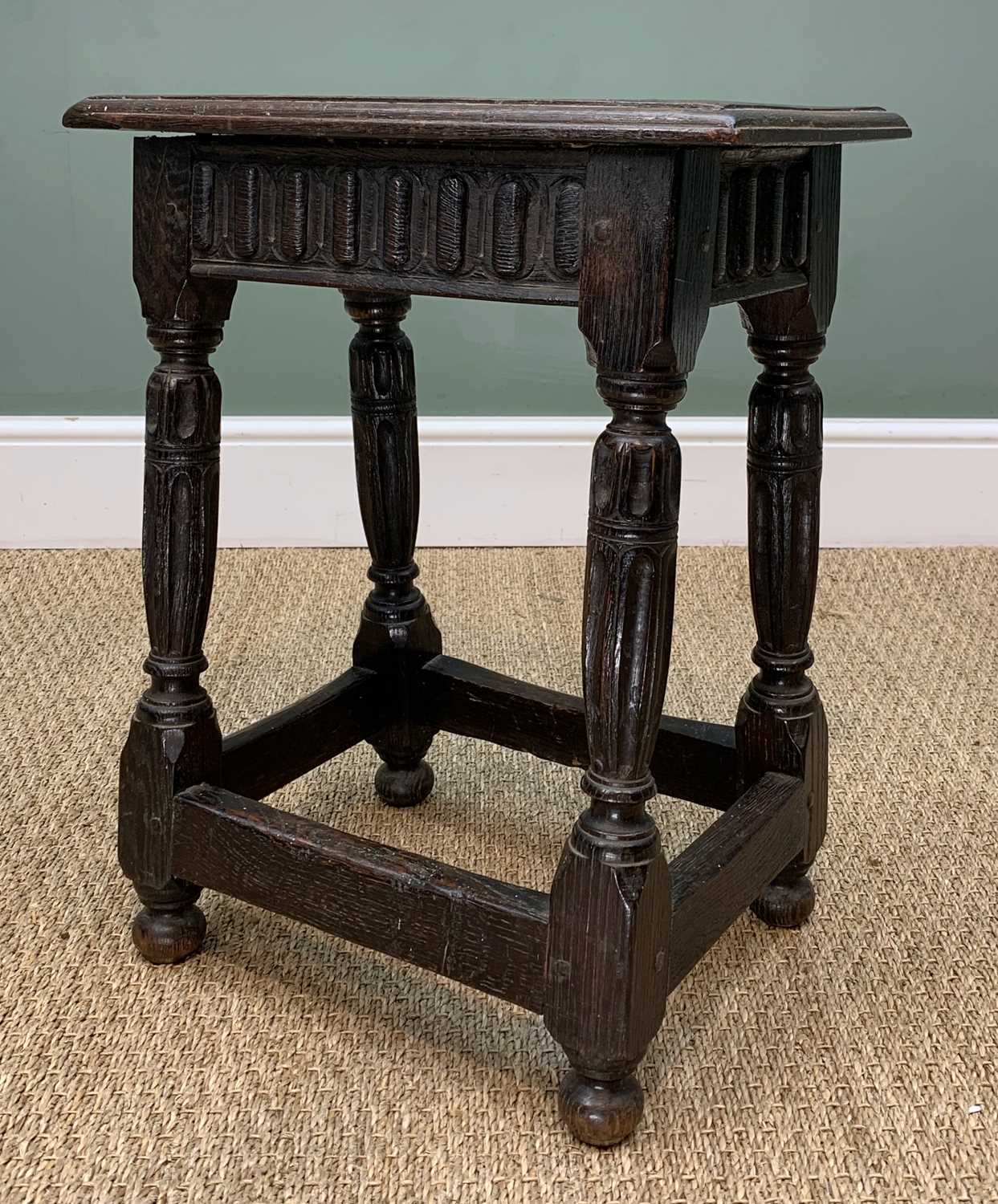 ANTIQUE JOINT OAK STOOL, in the Elizabethan style with moulded top, raised nulled frieze, fluted - Image 3 of 4