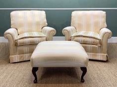 PAIR OF MODERN ARMCHAIRS AND MATCHING OTTOMAN, gold and cream striped fabric, 90h x 95w x 90cms d (