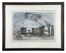 ‡ MARY TRAYNOR mixed media - the map room, Old Cardiff Library, signed, dated verso 1997, 32 x 46cms