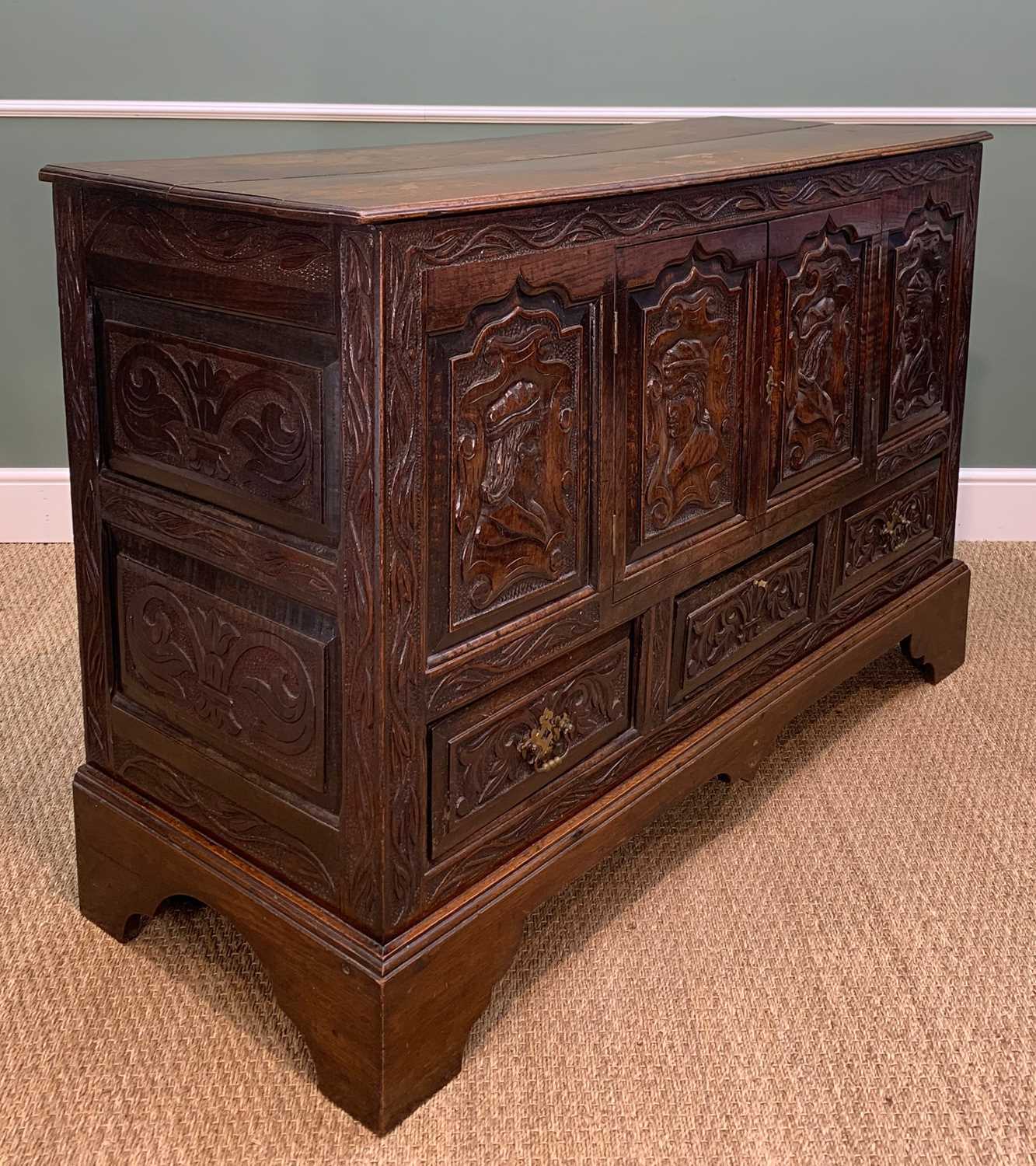 ANTIQUE JOINED OAK MULE CHEST, later carved in the Romanesque-style and converted to cupboard with - Image 5 of 10