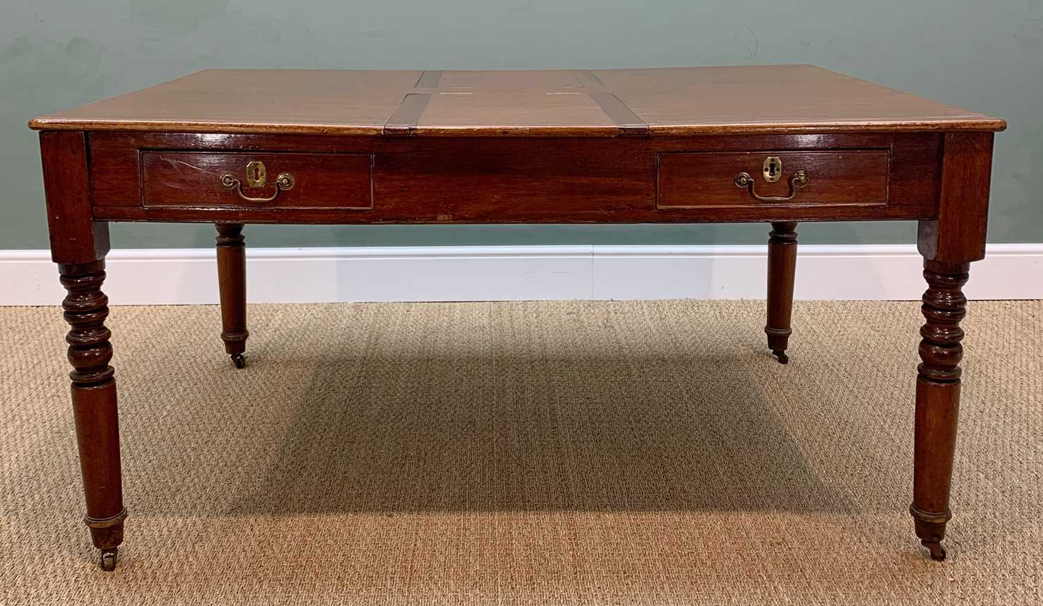 VICTORIAN MAHOGANY PARTNER'S DESK, top with hinged compartments, two frieze drawers either side, 76h