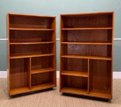 PAIR MID-CENTURY TEAK BOOKCASES/ROOM DIVIDERS, fixed shelves, ebonised bases, 145h x 88w x 30.5cms d