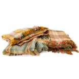 THREE TRADITIONAL WELSH WOOL BLANKETS, in pastel plaid patterns, fringe and blanket stitched