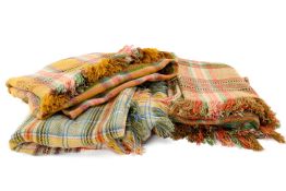 THREE TRADITIONAL WELSH WOOL BLANKETS, in pastel plaid patterns, fringe and blanket stitched