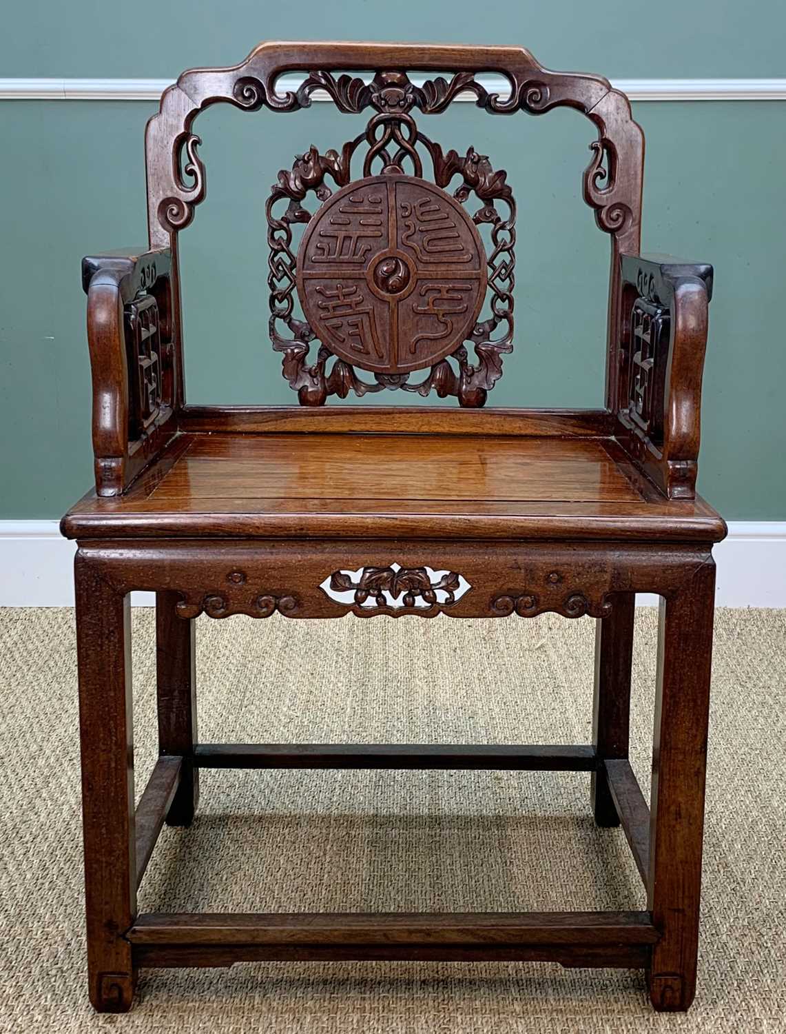 CHINESE HARDWOOD CARVED ARMCHAIR, late Qing Dynasty, probably Hongmu, pierced splat and sides carved - Image 2 of 13