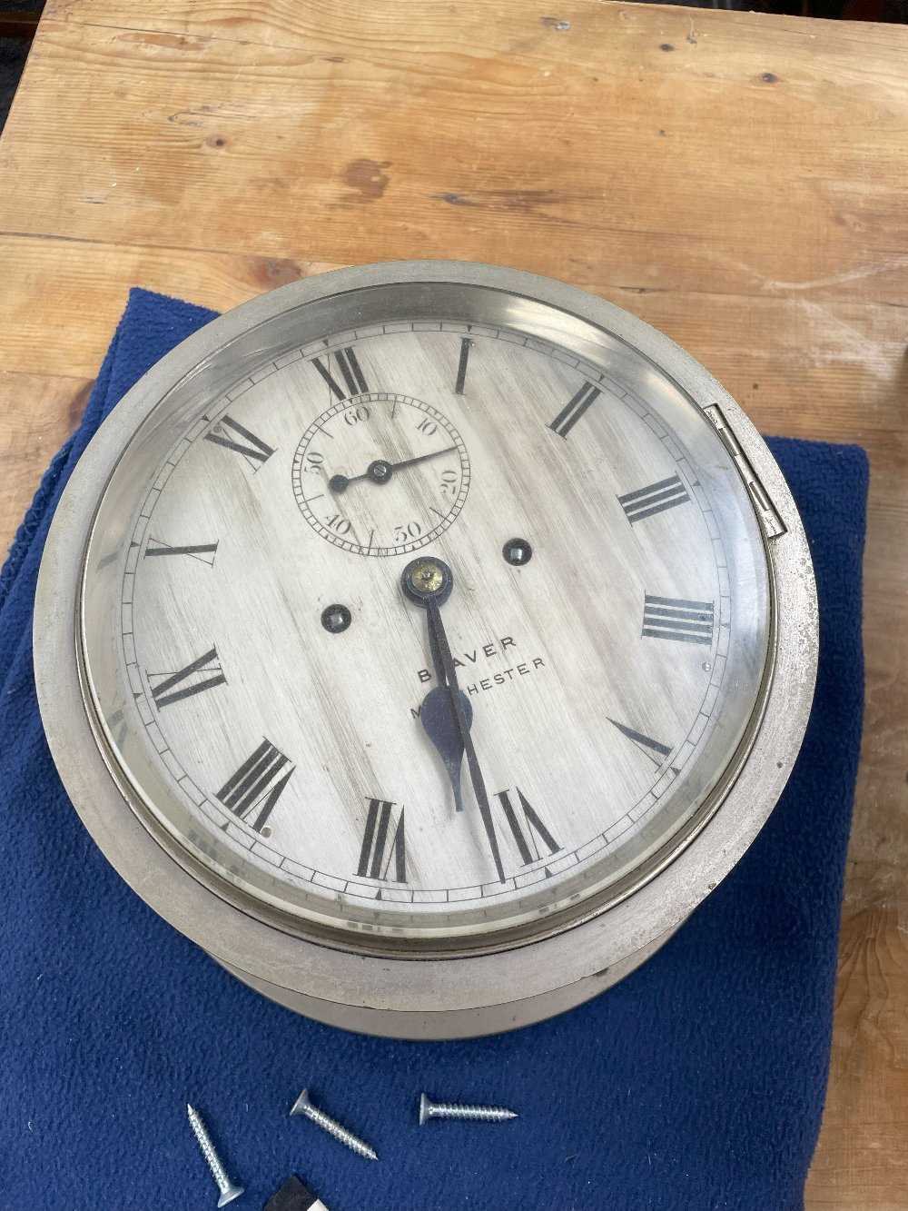 SHIP'S BULKHEAD CLOCK, the dial marked 'Beaver Manchester' with subsidiary seconds dial, two train - Image 2 of 7