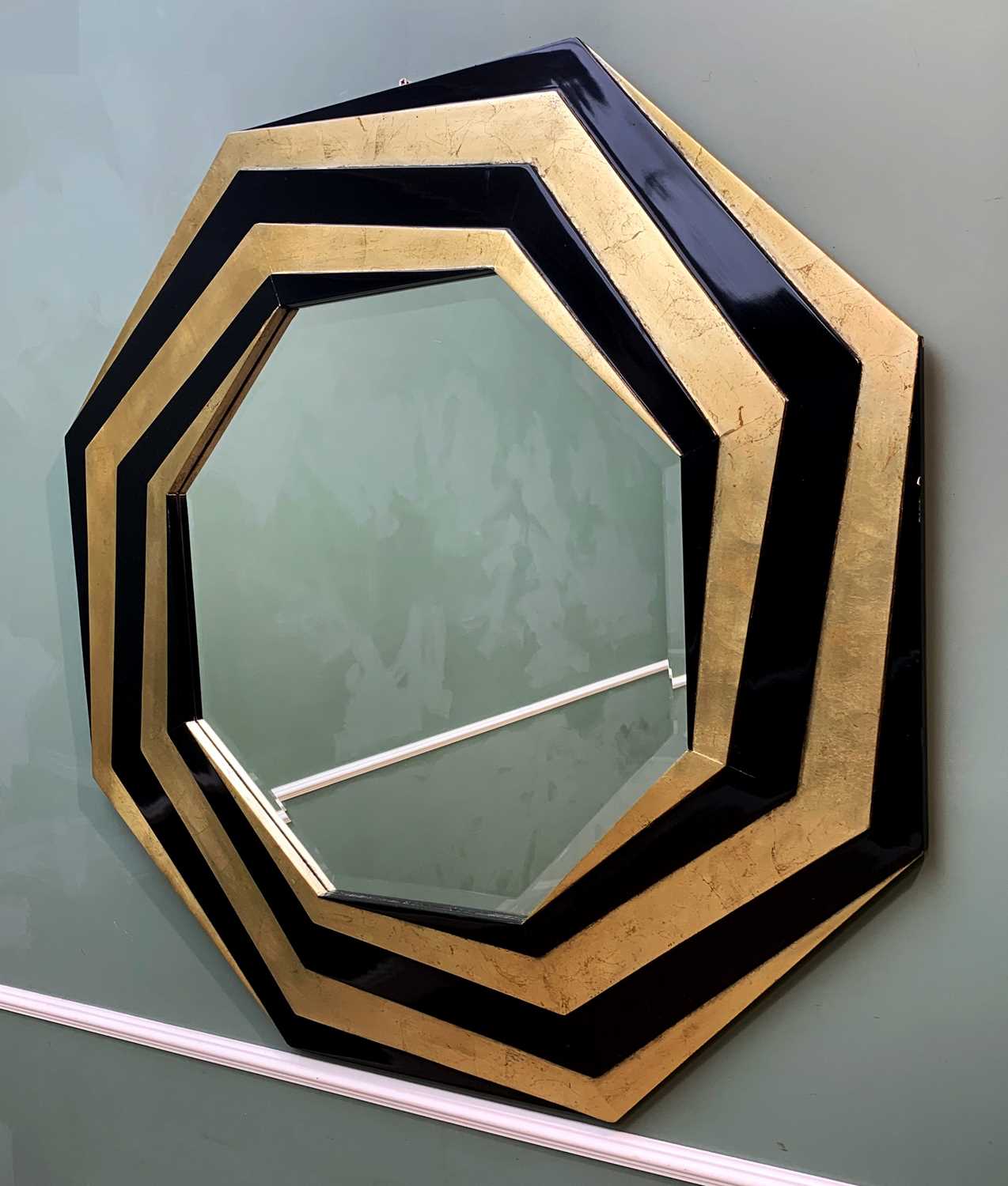 LARGE CONTEMPORARY CHRISTOPHER GUY OCTAGON MIRROR, black lacquer and gilt geometric surround, 103h x - Image 2 of 11