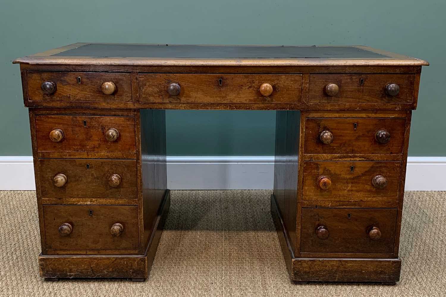 BURR WALNUT PEDESTAL DESK & ANOTHER, walnut desk c. 1890, 78h x 121w x 53cms d, other with inset - Image 2 of 18