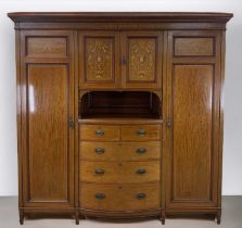 SHERATON STYLE MARQUETRY COMPACTUM, early 20th C., inlaid and strung, hanging spaces flanking slides