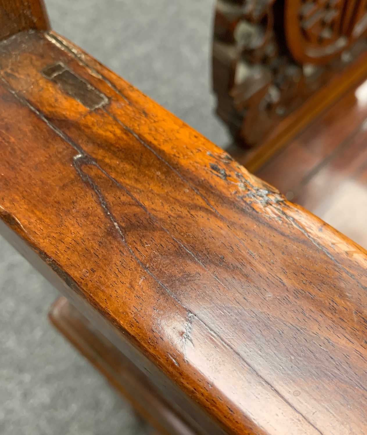 CHINESE HARDWOOD CARVED ARMCHAIR, late Qing Dynasty, probably Hongmu, pierced splat and sides carved - Image 9 of 13