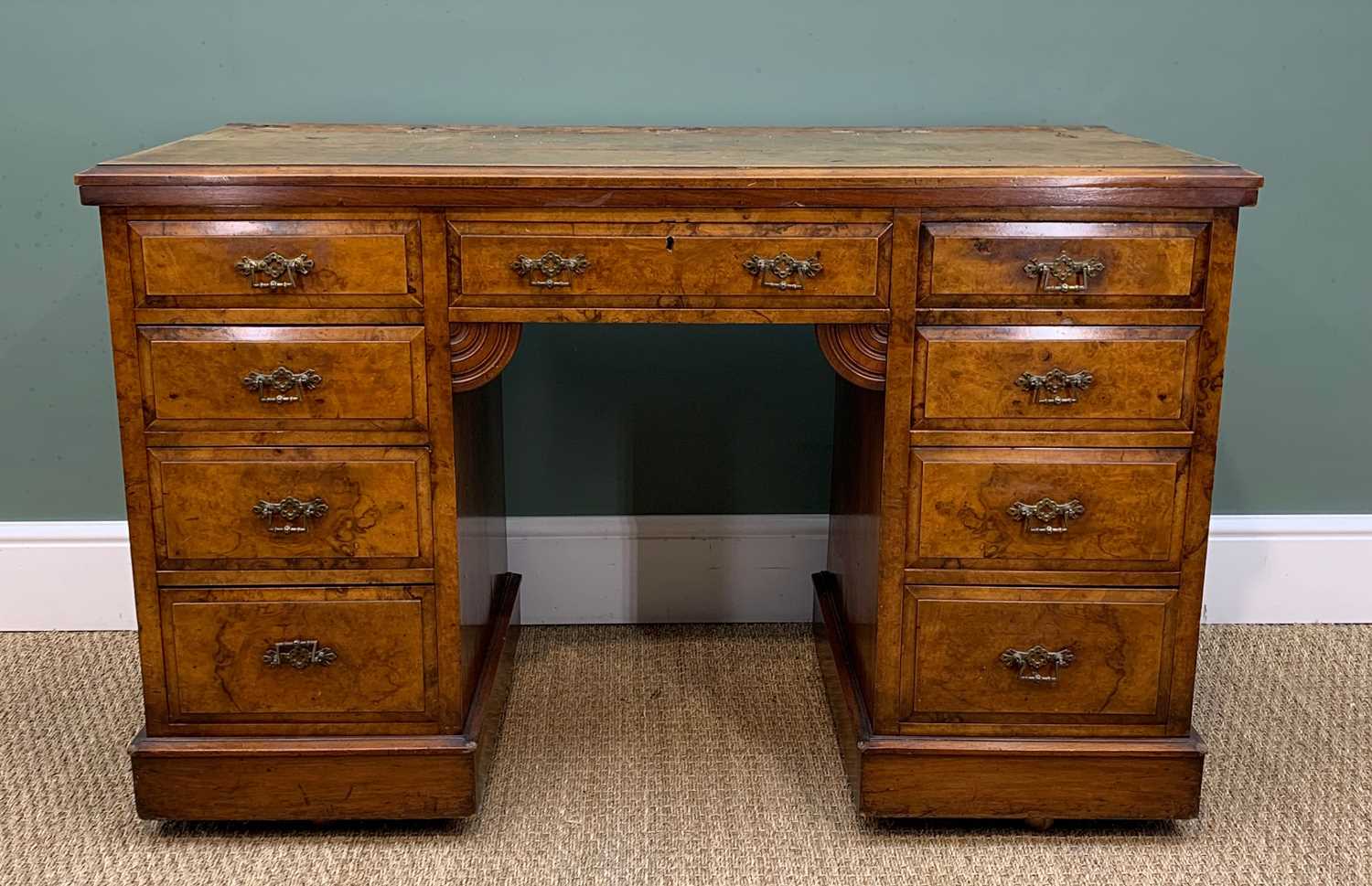 BURR WALNUT PEDESTAL DESK & ANOTHER, walnut desk c. 1890, 78h x 121w x 53cms d, other with inset - Image 11 of 18