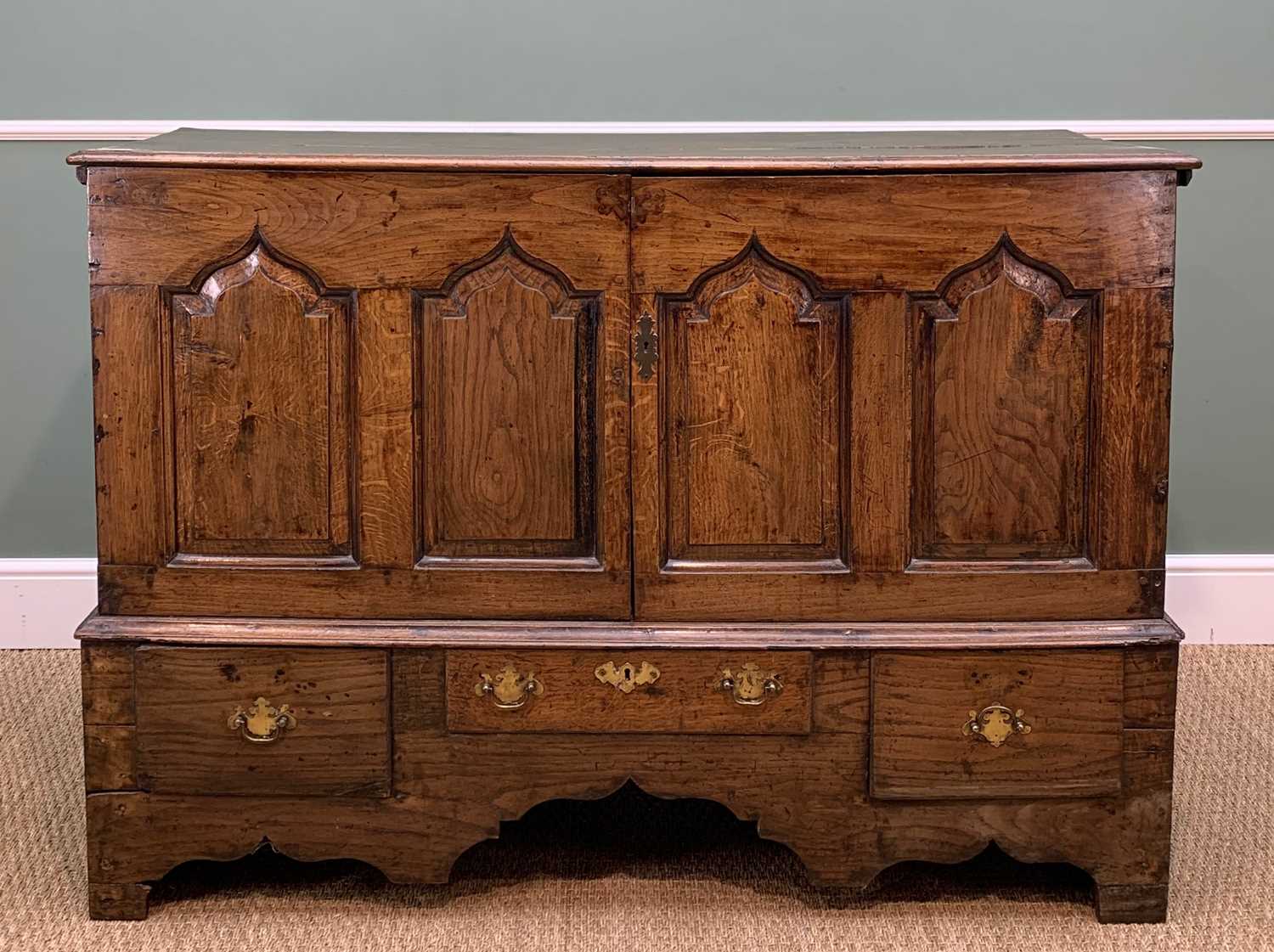 18TH C. WELSH JOINT OAK MULE CHEST, altered to a cupboard with fixed top, interior shelf and apron
