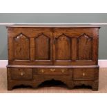 18TH C. WELSH JOINT OAK MULE CHEST, altered to a cupboard with fixed top, interior shelf and apron