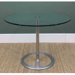 MODERN STEEL & GLASS TABLE, tubular steel base, clear toughened glass top, 60h x 80cms diameter