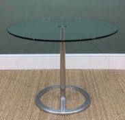 MODERN STEEL & GLASS TABLE, tubular steel base, clear toughened glass top, 60h x 80cms diameter