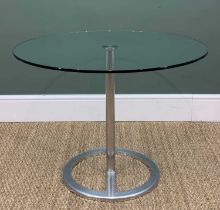 MODERN STEEL & GLASS TABLE, tubular steel base, clear toughened glass top, 60h x 80cms diameter